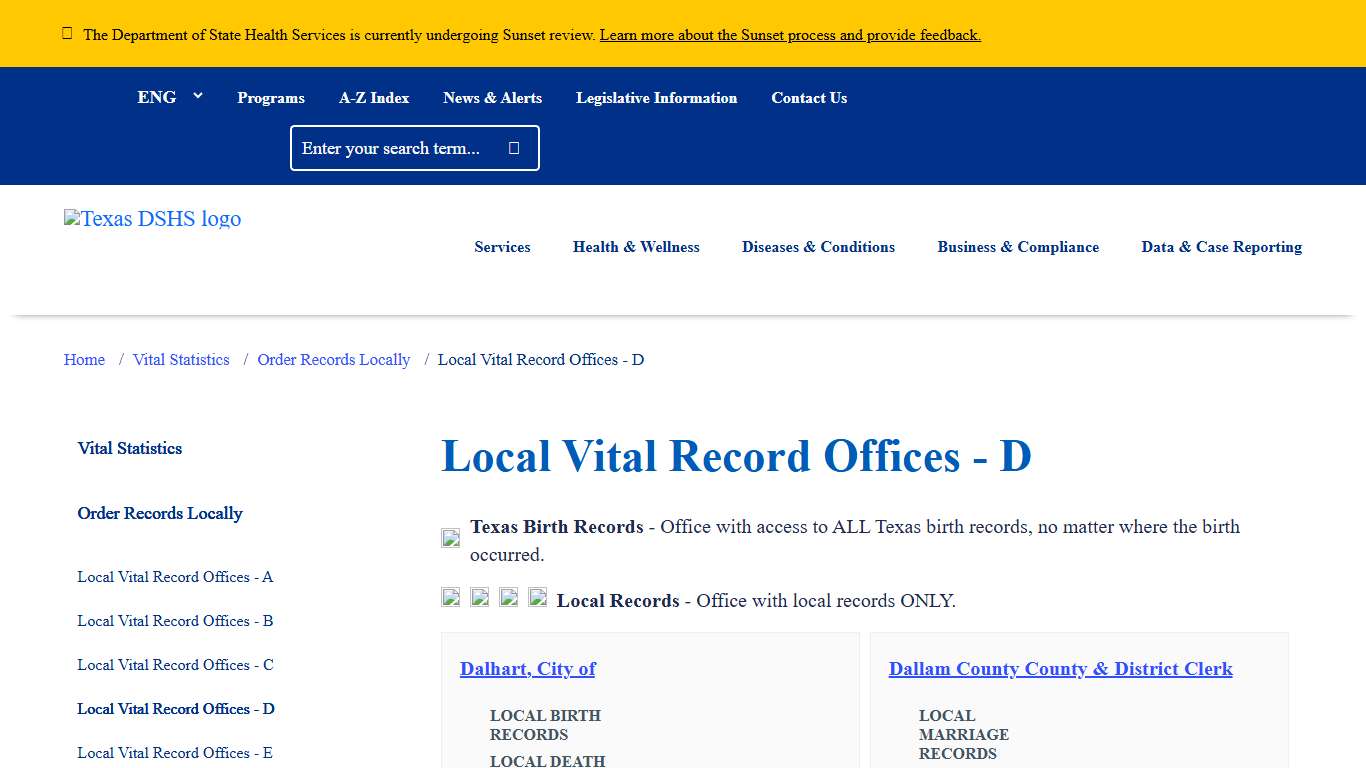 Local Vital Record Offices - D Texas DSHS