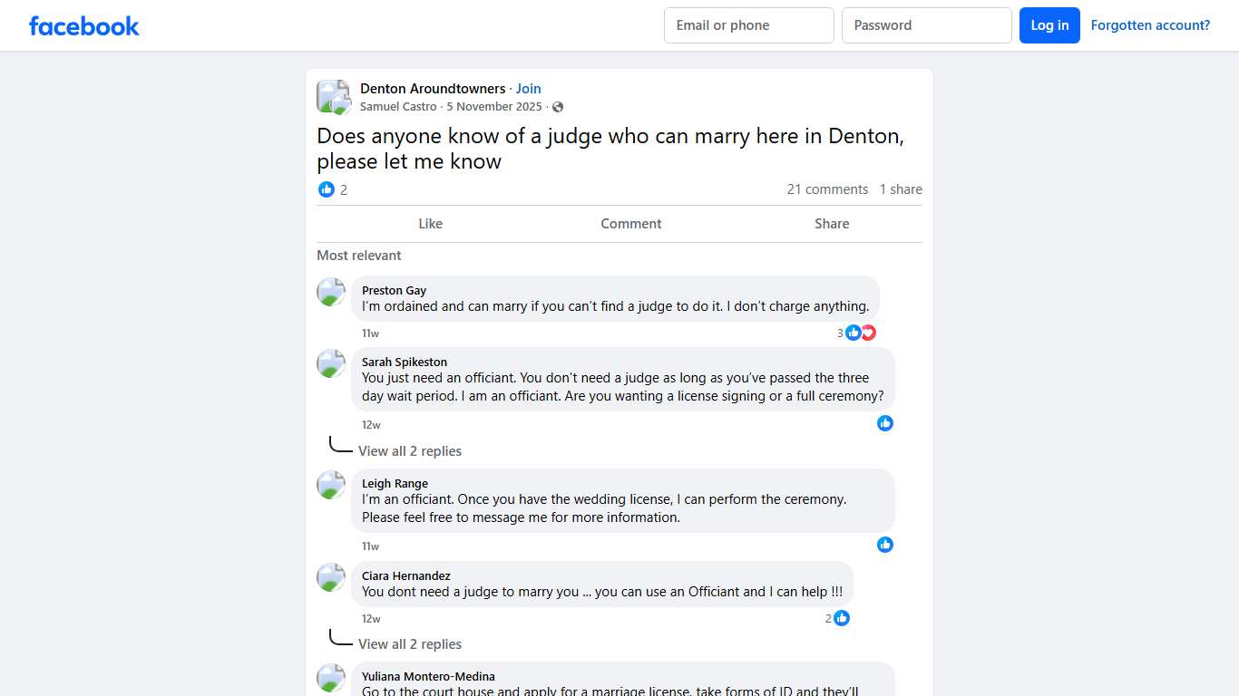 Denton Aroundtowners Does anyone know of a judge who can marry here in Denton, please let me know Facebook